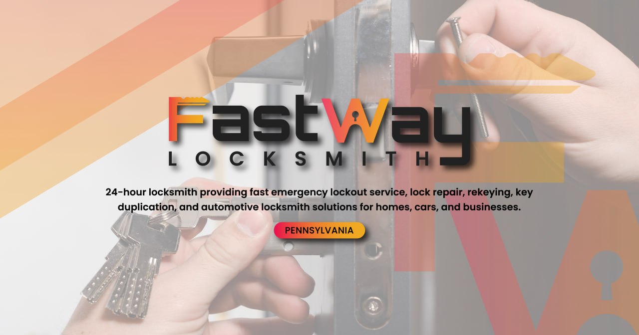 Fast Way Locksmith promotional image showing mobile locksmith service at a door lock.