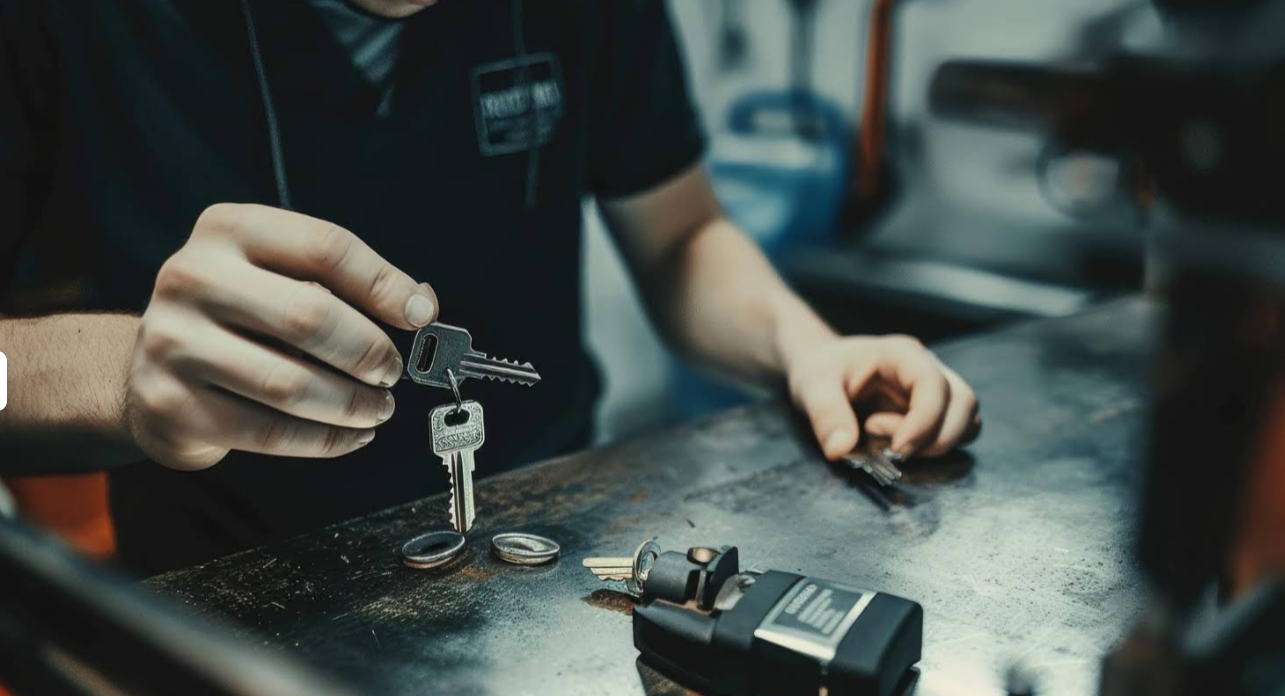 A Fast Way Locksmith team member holding freshly cut keys over a metal workbench.